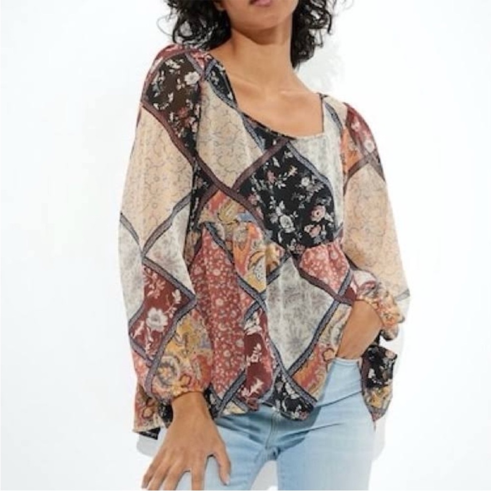 American Eagle Patchwork Tie Back Blouse Large - image 1